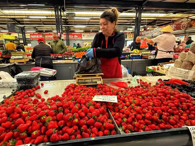 Tarabele din Piața Moghioroș sunt pline cu căpșuni românești. FOTO: Andrei Crăițoiu (Libertatea)