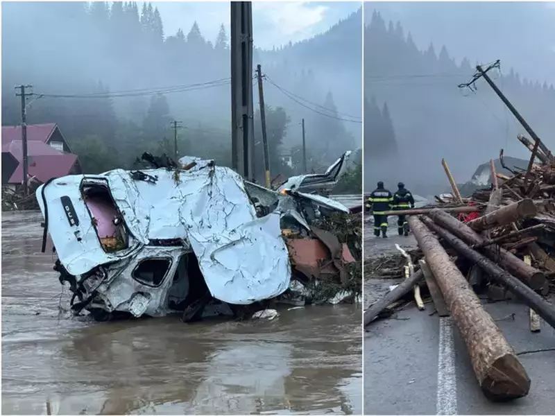 O mașină albă a fost luată de ape, iar un stâlp de electricitate a fost îndoit de furtună, în inundațiile din Suceava, duminică, 27 iulie 2025. Foto: Facebook/ ISU Suceava