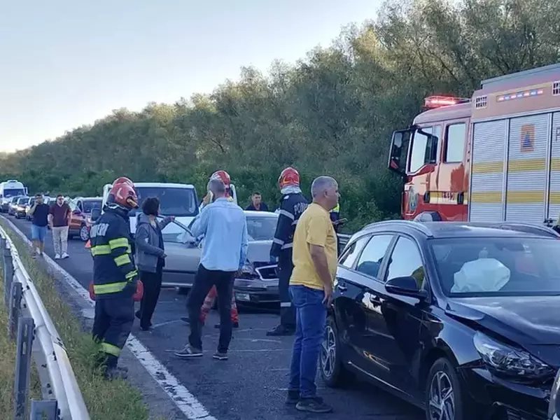 mașini lovite, cu airbag-urile sărite, staționate paralel unei autospeciale de pompieri, înconjurfate de oameni