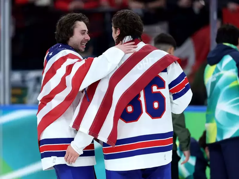 USA’s Quinn Hughes (left) and Jack Hughes celebrate after beating Canada in the Men’s Ice Hockey Gold Medal Match at the Milano Santagiulia Ice Hockey Arena in Milan, on day Sixteen of the Milano Cortina 2026 Winter Olympics, Italy. Picture date: Sunday F