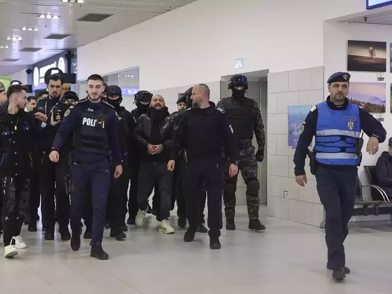 Dani Mocanu, încătușat și sub escorta Poliției, pe Aeroportul Otopeni. Foto: Inquam Photos / Octav Ganea