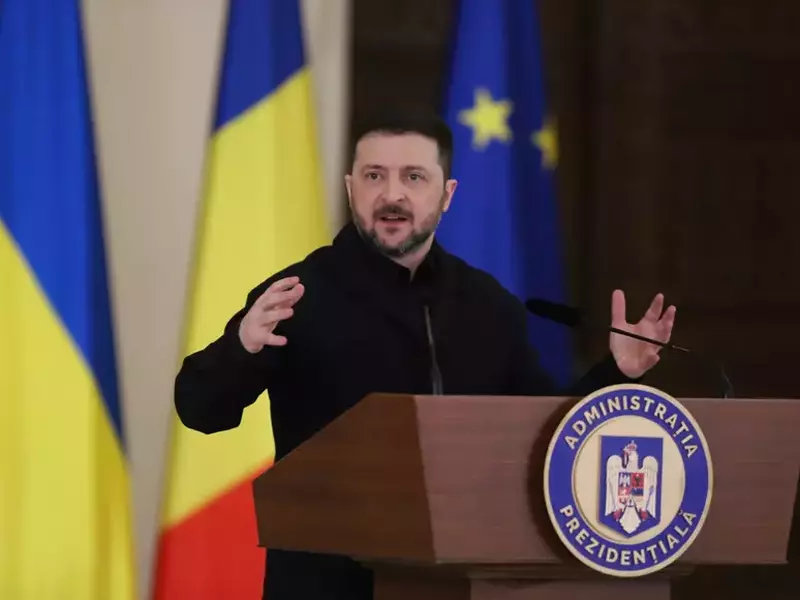 Volodimir Zelenski la Bucuresti, imbracat intr-o tinuta casual neagra care imita tinuta militara, gesticuleaza larg in timpul unei conferinte de presa