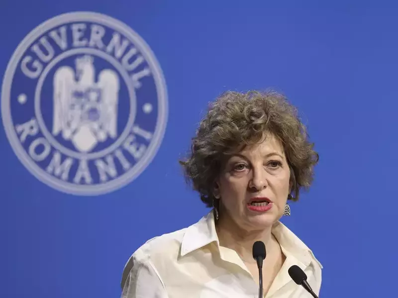 Oana Gheorghiu dă declarații de la tribuna Guvernului României purtând o cămașă bej și cercei cu buline negre.