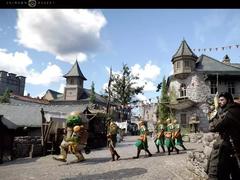 Peisaj urban medieval din jocul Crimson Desert în care apare și personajul principal Kliff.