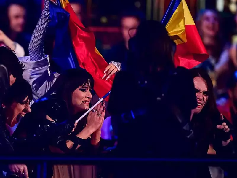 VIENNA, AUSTRIA - MAY 14: Alexandra Căpitănescu representing Romania reacts during the second Semi-Final of the 70th Eurovision Song Contest at Wiener Stadthalle on May 14, 2026 in Vienna, Austria. (Photo by Christian Bruna/Getty Images)