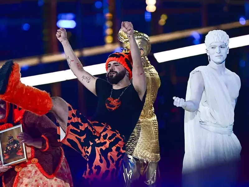 VIENNA, AUSTRIA - MAY 16: Akylas representing Greece with the song 'Ferto' reacts on stage after his performance during the Grand Final of the 70th Eurovision Song Contest at Wiener Stadthalle on May 16, 2026 in Vienna, Austria. (Photo by Christian Bruna/Getty Images)