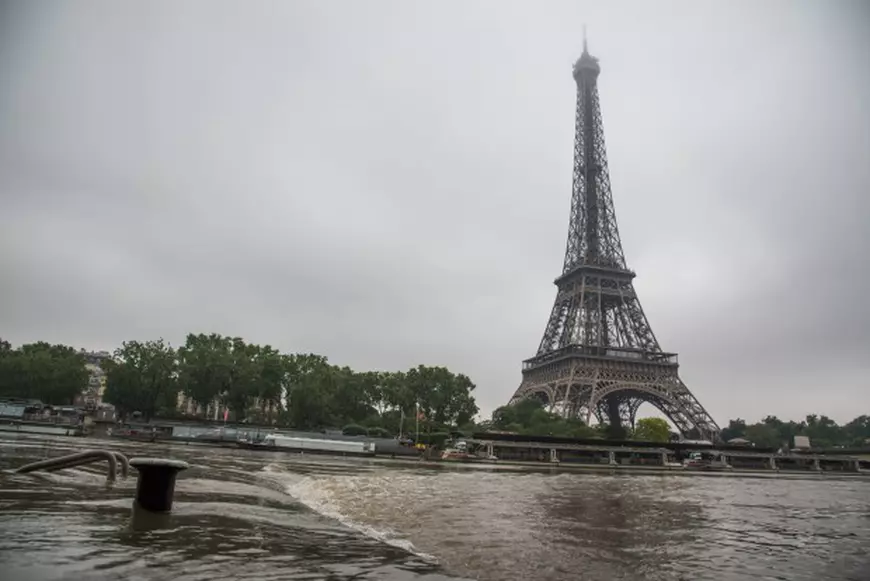 After the most ever rainy month of may, the level of Seine River keep on growing on June 1, 2016 in Paris, France. The feet of the Zouave statue on the Pont de l'Alma, considered an indicator of the level of the Seine, are covered by the rising waters. When his feet are under water, emergency flood precautions are taken. Photo by Christophe Geyres/ABACAPRESS.COM