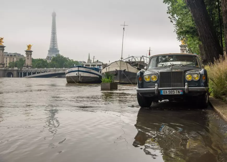 After the most ever rainy month of may, the level of Seine River keep on growing on June 1, 2016 in Paris, France. The feet of the Zouave statue on the Pont de l'Alma, considered an indicator of the level of the Seine, are covered by the rising waters. When his feet are under water, emergency flood precautions are taken. Photo by Christophe Geyres/ABACAPRESS.COM