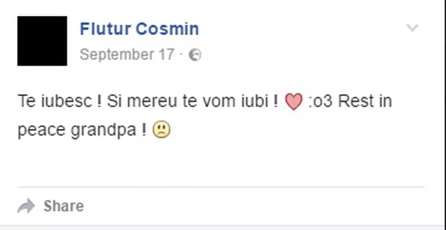 Mesajul lui Cosmin Flutur, după moartea bunicului său sursă foto: facebook.com