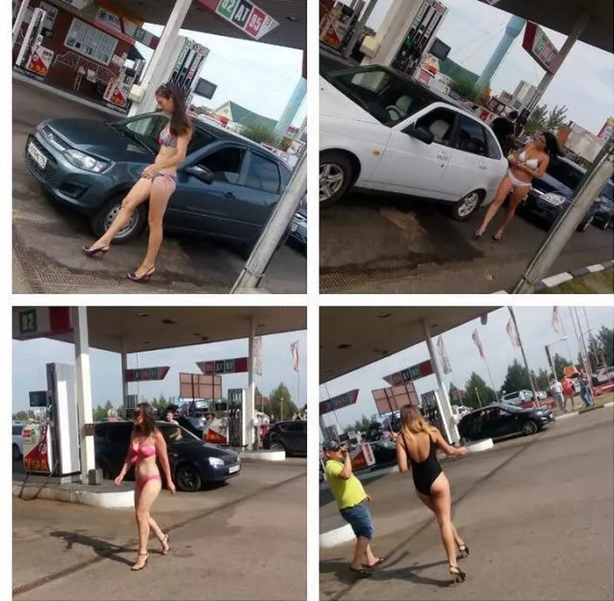 Ofertă benzinărie, clienți în costum de baie