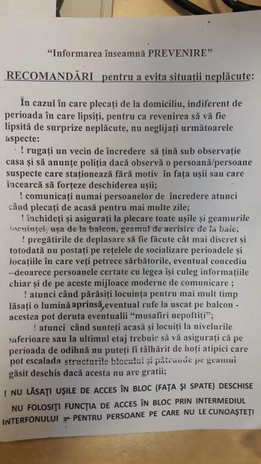 Fluturașul că măsurile de prevenție a fost distribuit printtrer toți locatarii speriați de hoții care vor să intre în casă peste ei