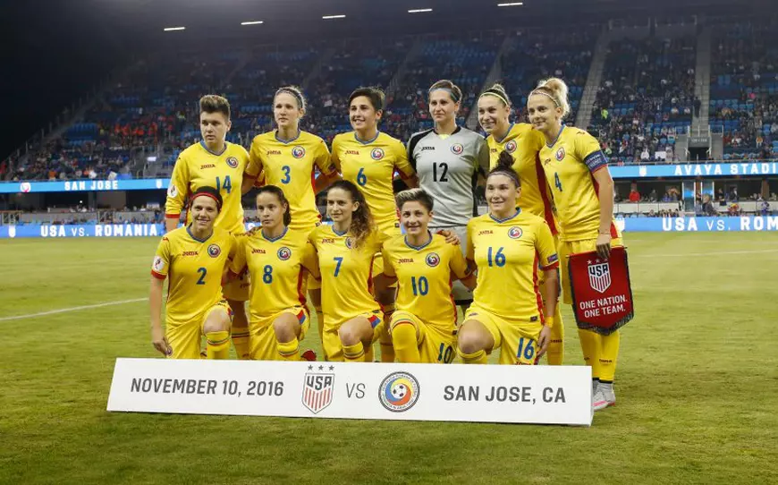 Romanian National team members pose for team photo before match against the USA Women's National team in the first half of a International friendly match at Avaya Stadium in San Jose on Thursday, Nov. 10, 2016. (Josie Lepe/Bay Area News Group)