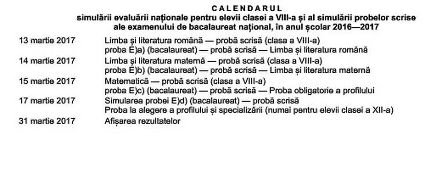 calendarul simulării evaluării naţionale și a examenului de Bacalaureat