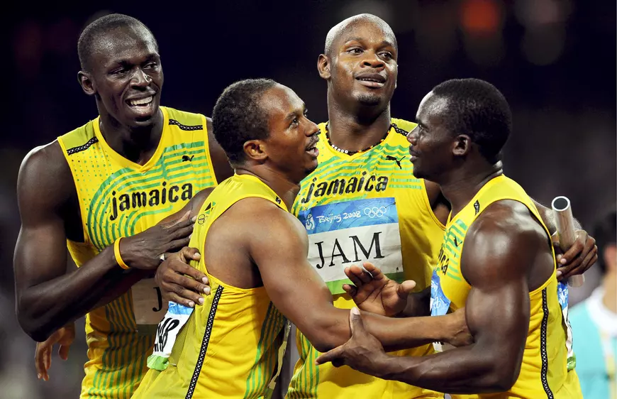 epa05749425 (FILE) A file picture dated 22 August 2008 of Jamaica's (L-R) Usain Bolt, Michael Frater, Asafa Powell and Nesta Carter celebrating after winning the men's 4x100m relay final at the Beijing 2008 Olympic Games in Beijing, China. The Jamaica relay team has been stripped of the 2008 Olympic relay gold medal after Nesta Carter failed a drug test, media reports claimed on 25 January 2017. EPA/FRANCK ROBICHON