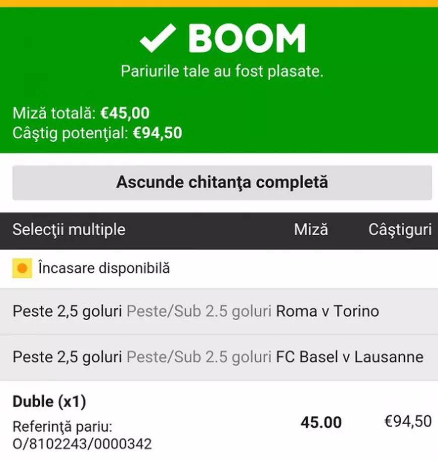 BILETUL ZILEI la pariuri propune meciuri din Italia și din Elveția