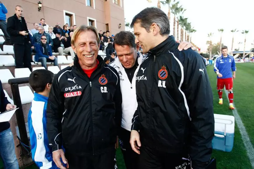 20120108 - MARBELLA, SPAIN: Club's head coach Christoph Daum, HSV coach Thorsten Fink and Club's assistant coach Rudi Verkempinck pictured during a friendly game of Club Brugge vs Hambourg HSV, in Marbella, Spain, Sunday 08 January 2012. Belgian first division soccer club Club Brugge KV is on a winter training camp from 3 January to 10 January. BELGA PHOTO BRUNO FAHY