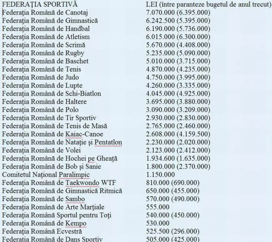 Cum s-a împărțit bugetul MTS pe ramuri sportive. Federația de Canotaj a luat banii cei mai mulți