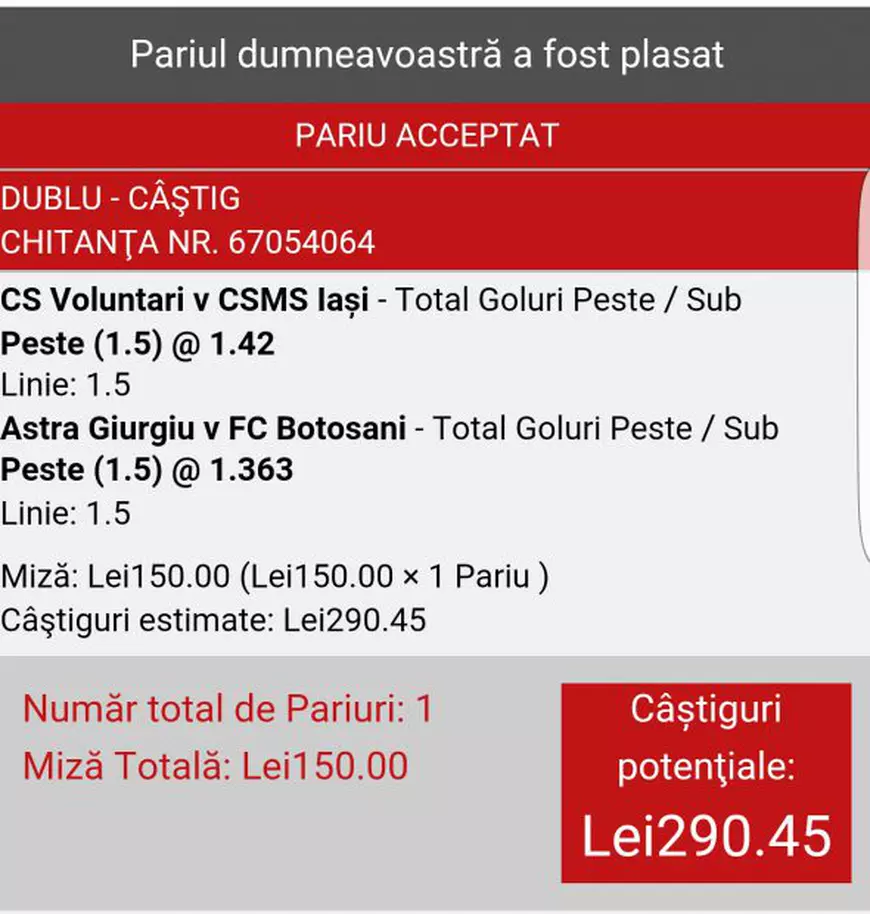 BILETUL ZILEI la pariuri din fotbal vine din Liga I. Ochii pe FC Voluntari și pe Astra Giurgiu