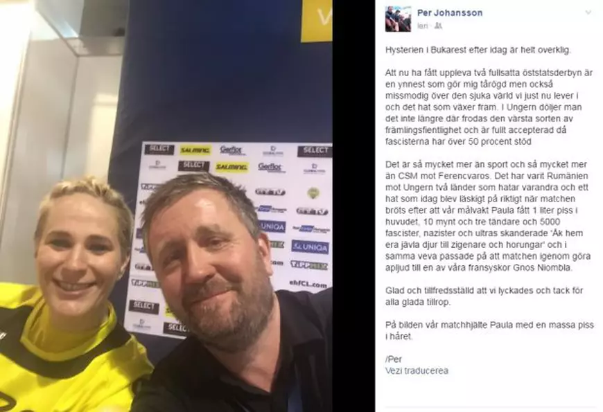 Mesajul lui Per Johansson a fost însoțit de o poză a antrenorului alături de Paula Ungureanu