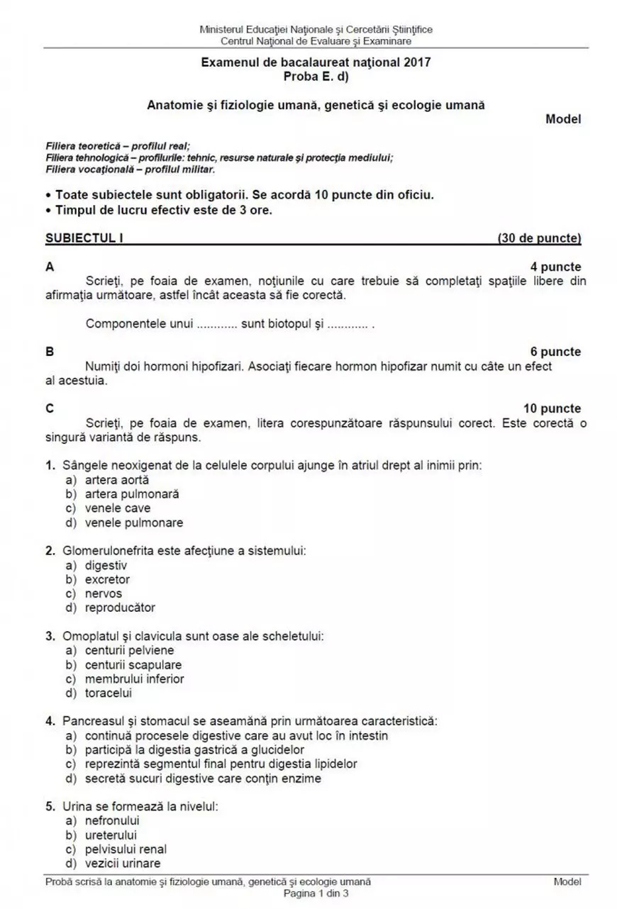 Subiectele la ANATOMIE la Bacalaureat 2017. Vezi și baremul de corectare