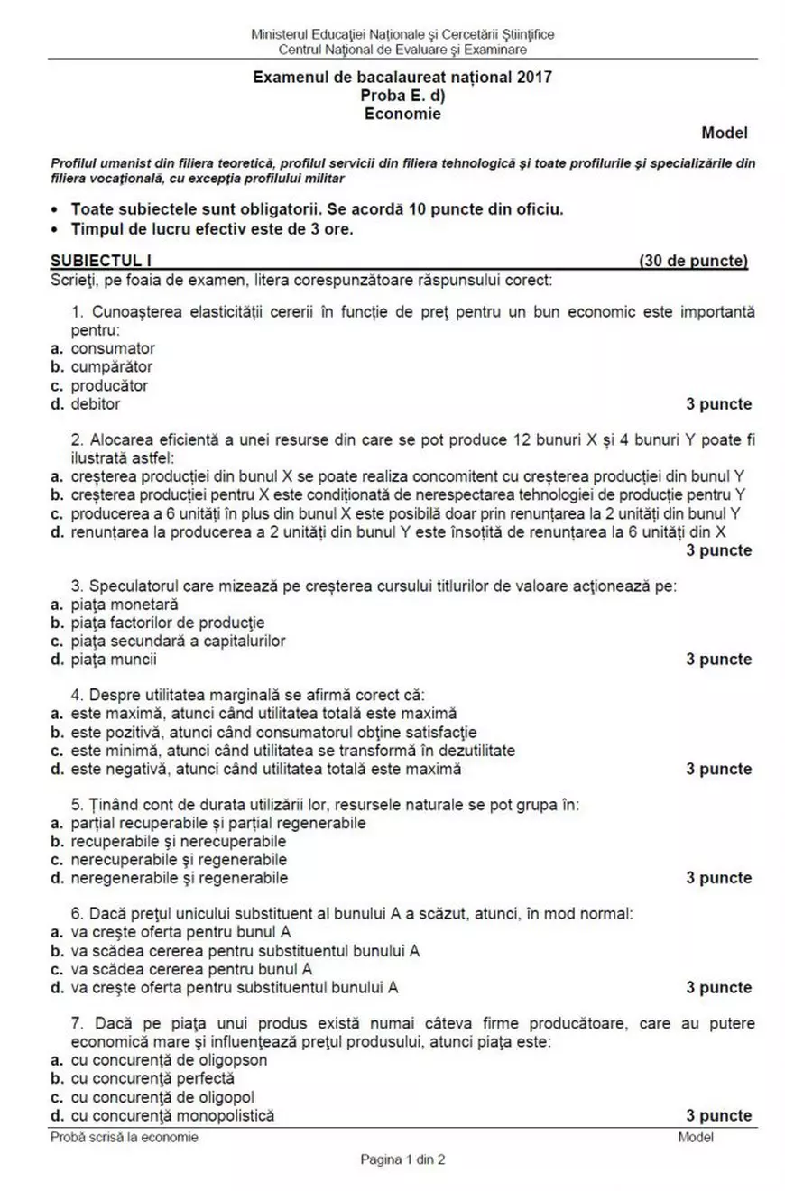 Subiectele la ECONOMIE la Bacalaureat 2017. Vezi și baremul de corectare