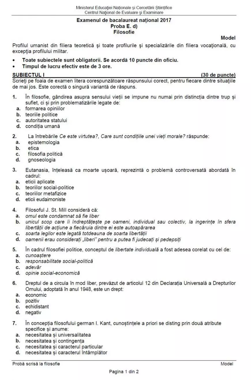 Subiectele la FILOSOFIE la Bacalaureat 2017. Vezi și baremul de corectare