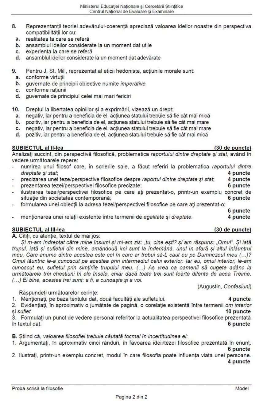 Subiectele la FILOSOFIE la Bacalaureat 2017. Vezi și baremul de corectare