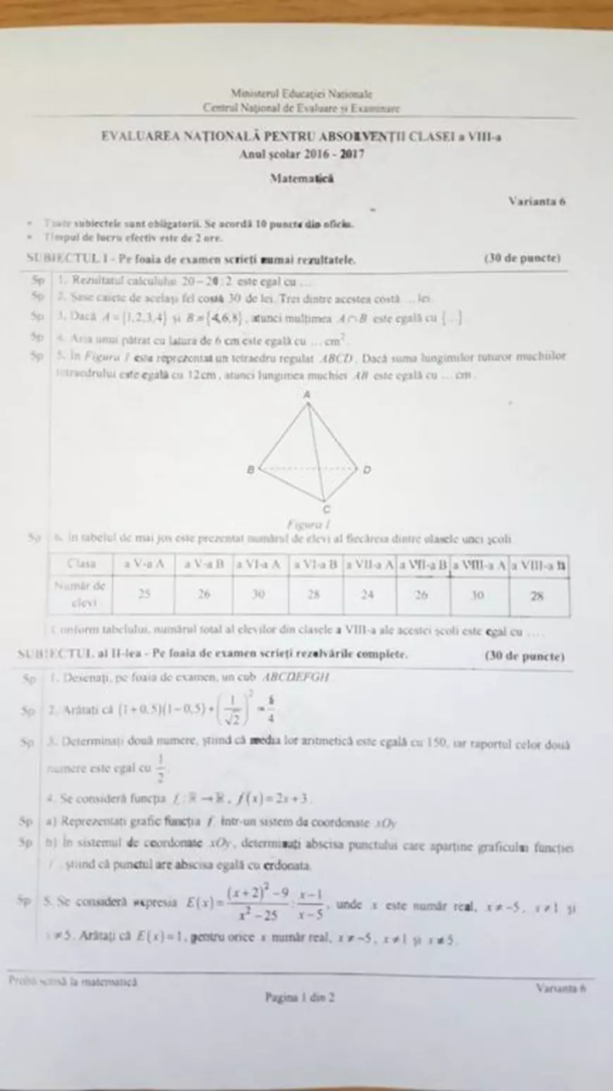 EVALUAREA NAŢIONALĂ 2017 MATEMATICĂ