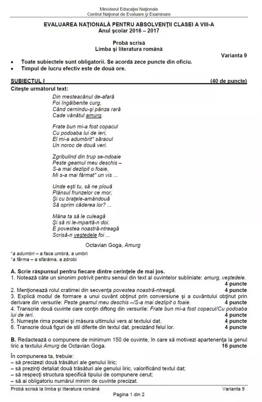 Evaluarea Națională 2017 - sesiunea specială. Subiectele și baremul la Limba română