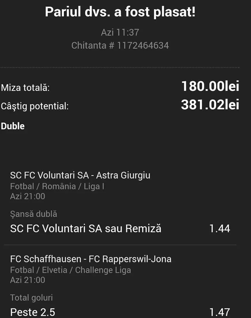 Biletul zilei zilei de 24 iulie la pariuri conține dueluri din Liga 1 și Challenge Liga, Elveția