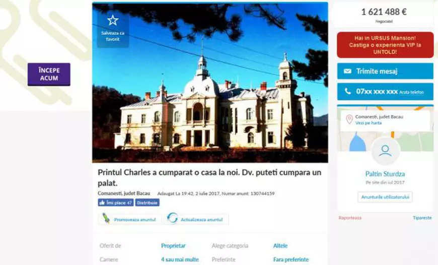 Palatul Ghika din Comăneşti a fost scos la vânzare pe internet