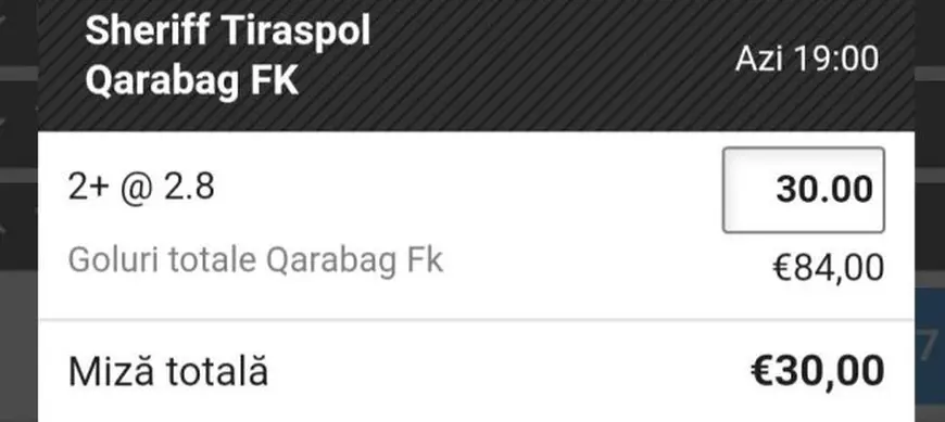 Cota zilei și avancronică pentru meciul Sheriff Tiraspol vs Qarabag FK. Pariu câștigător, azerii în play-off-ul Ligii Campionilor