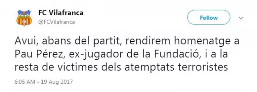 Mesajul clubului FC Vilafranca pe Twitter