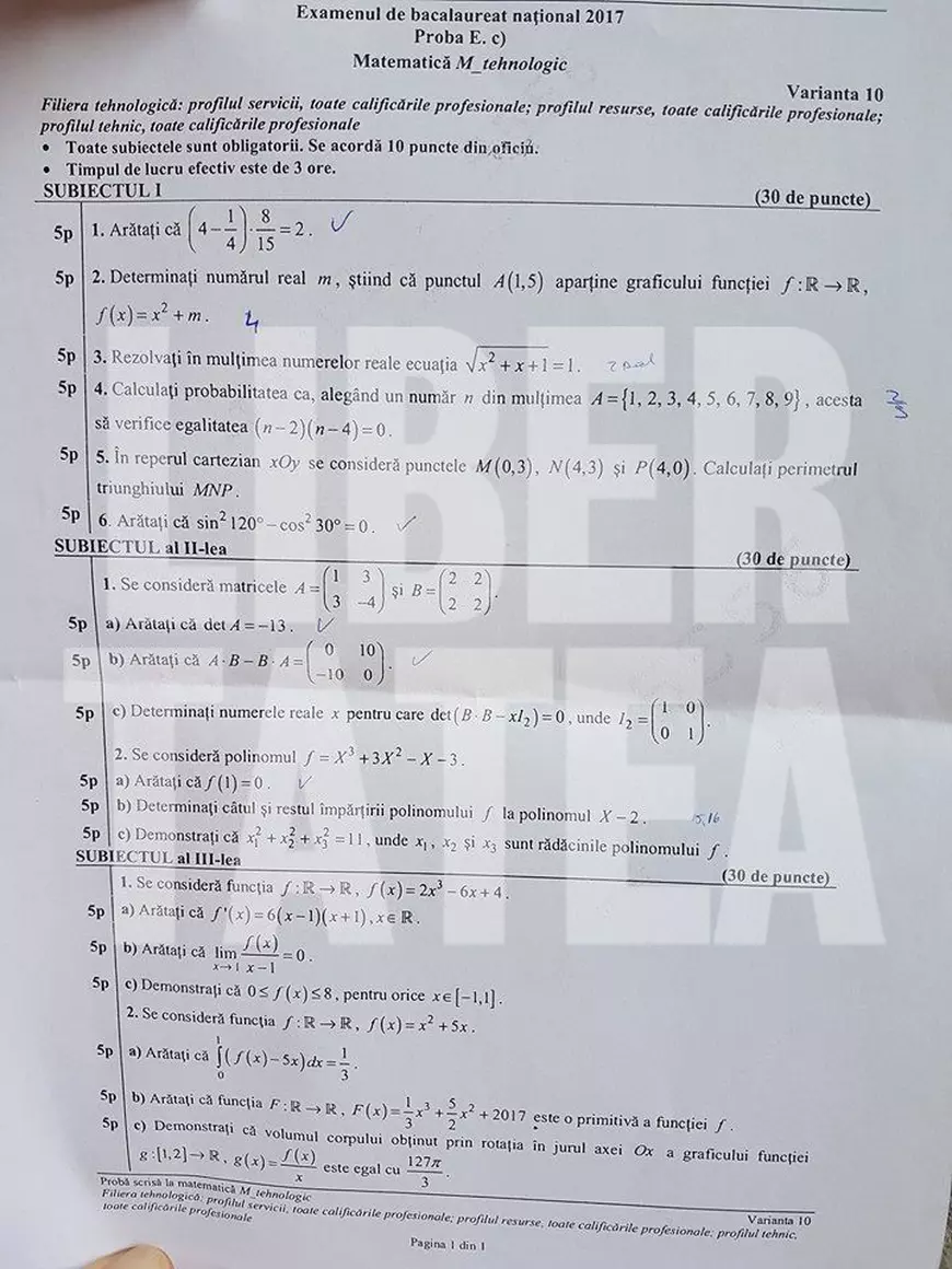 Bacalaureatul de toamnă 2017. Ce subiecte s-au dat la Matematică