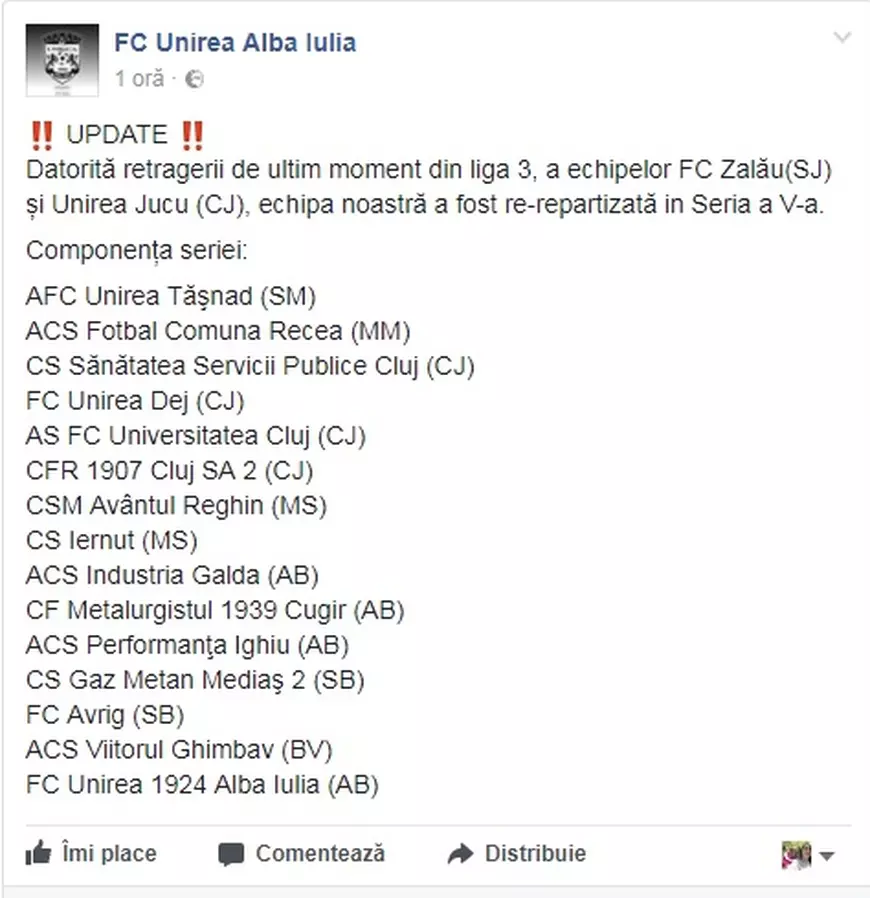 Anunțul celor de la Unirea Alba Iulia