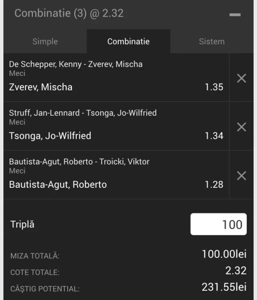 Biletul zilei din tenis 22 septembrie. Combinație de trei meciuri