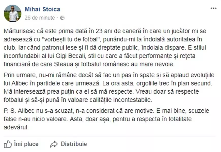 Mesajul lui Mihai Stoica