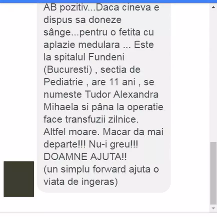 Un mesaj în care se făcea apel pentru donare de sânge necesar unei fetiţe de 11 ani, internată la spitalul Fundeni, a apărut joi pe reţelele de socializare