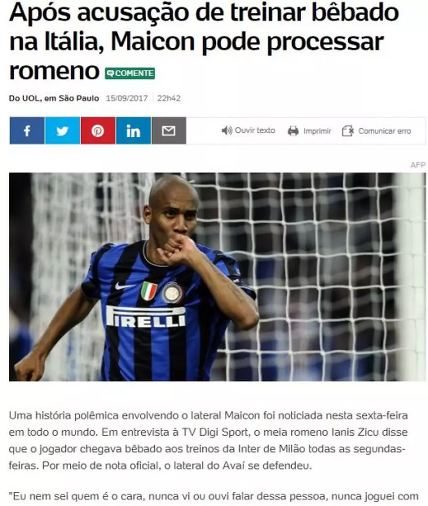 Zicu a dat de probleme după ce l-a făcut ”bețiv” pe fostul fundaș dreapta al Braziliei. Maicon: ”N-am auzit niciodată de el, îl dau în judecată”