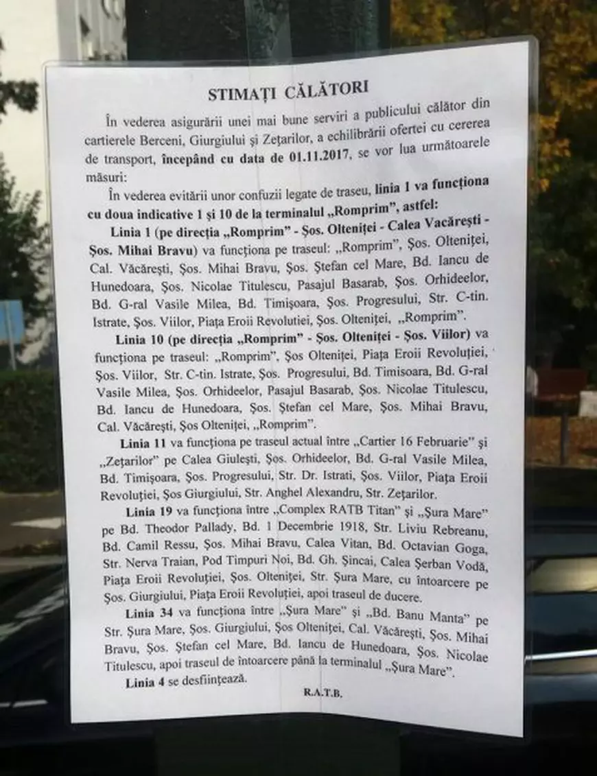 Anunțul care informează asupra modificării traseelor (FOTO: sectorul4live.ro)