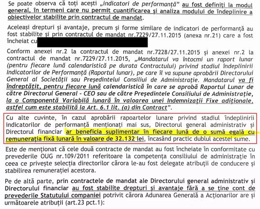 Beneficii membru C.A. TAROM/ Captură raport MT 3154/21.03.2016