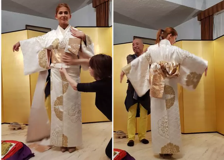 Ioana Bran a purtat un kimono cu fir de aur. Au îmbrăcat-o designerul Nobuaki Tomita și asistentele lui