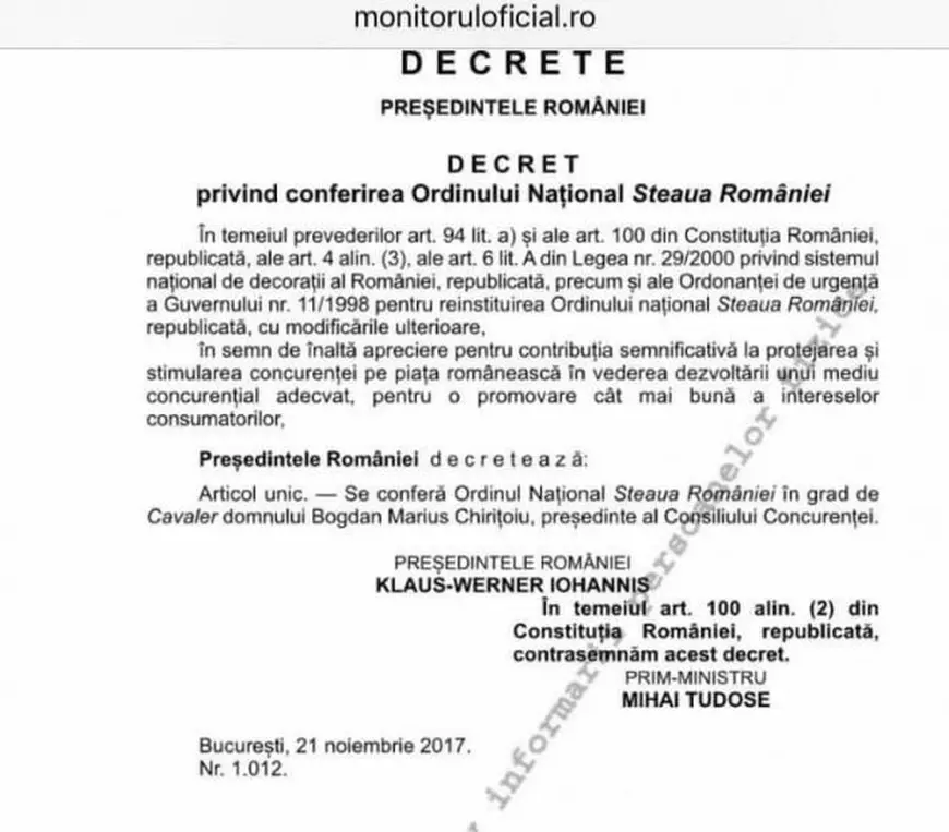 UPDATE | Președintele Klaus Iohannis l-a decorat pe Bogdan Chirițoiu, președinte al Consiliului Concurenței