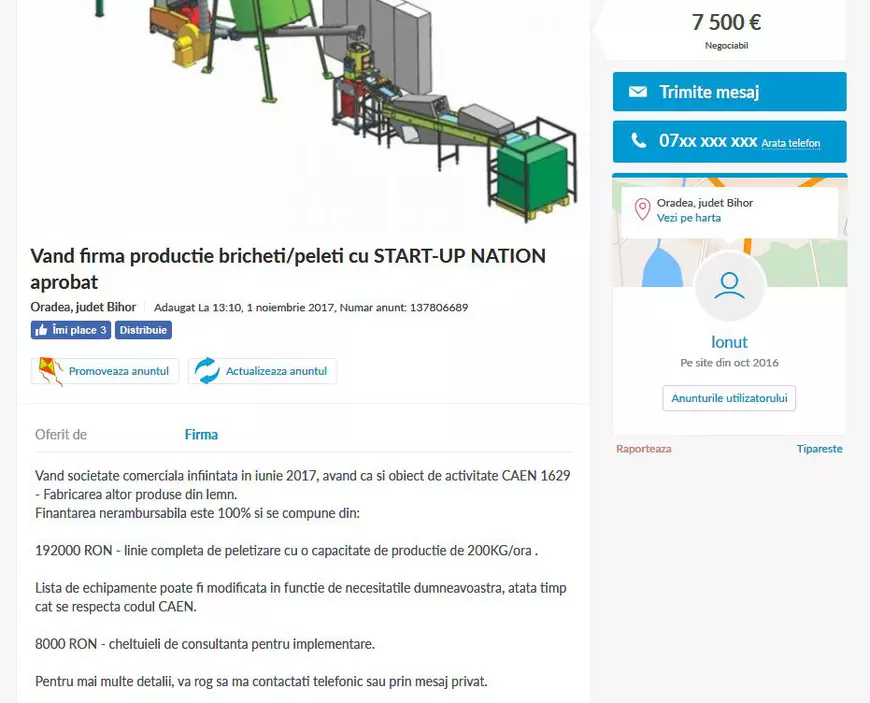 . Mai mulți antreprenori care au primit finanțare prin programul Start-Up Nation și-au scos firmele la vânzare pe OLX. Captură de ecran de pe OLX.ro