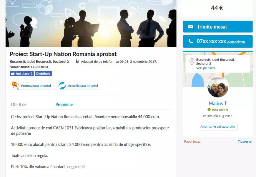 Mai mulți antreprenori care au primit finanțare prin programul Start-Up Nation și-au scos firmele la vânzare pe OLX. Captura de ecran de pe OLX.ro