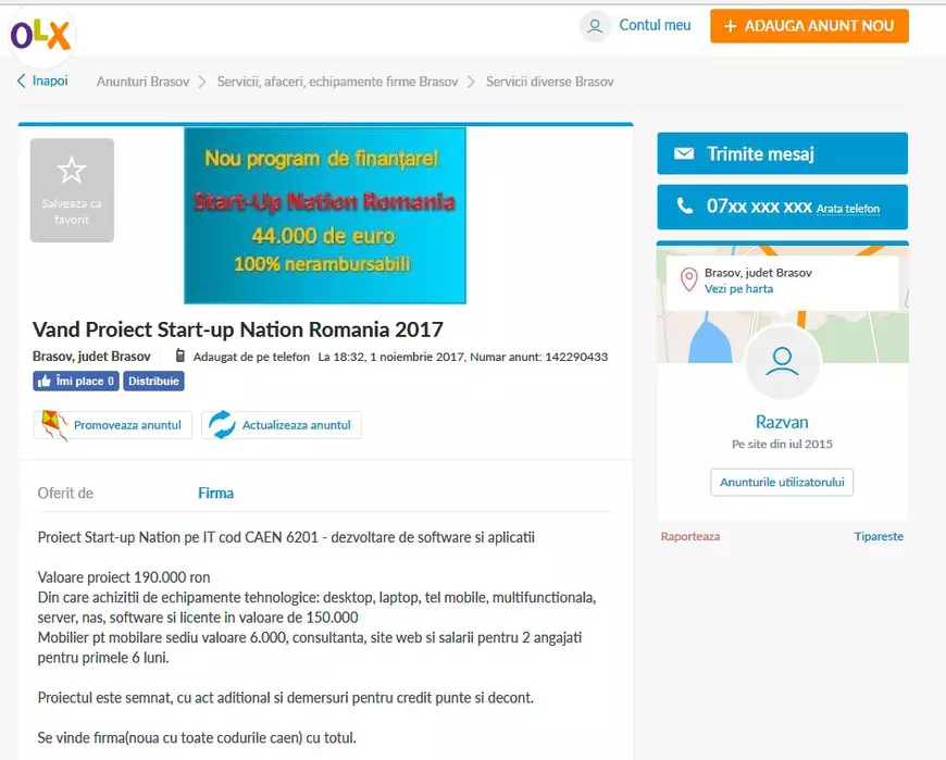 Mai mulți antreprenori care au primit finanțare prin programul Start-Up Nation și-au scos firmele la vânzare pe OLX. Captură de ecran de pe Olx