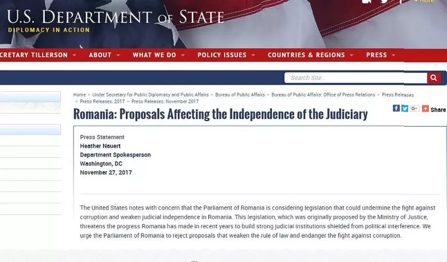 Mesajul Departamentului de Stat al SUA pentru Parlamentul României: Nu slăbiți Justiția!