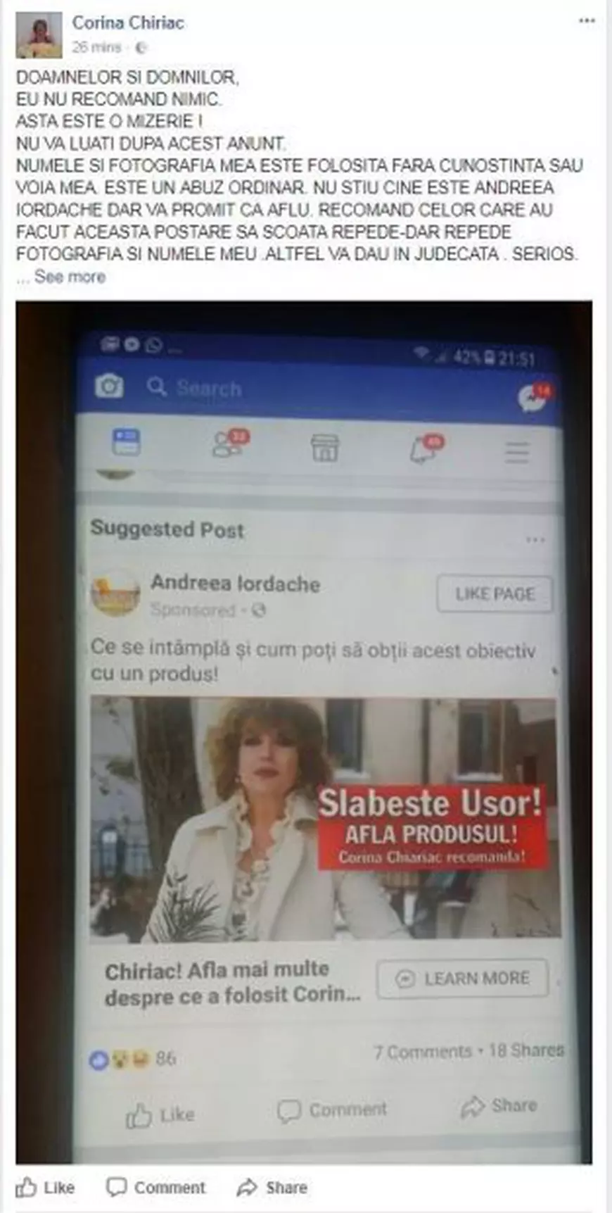 Corina Chiriac, furibundă, după ce i s-a folosit imaginea pe Facebook