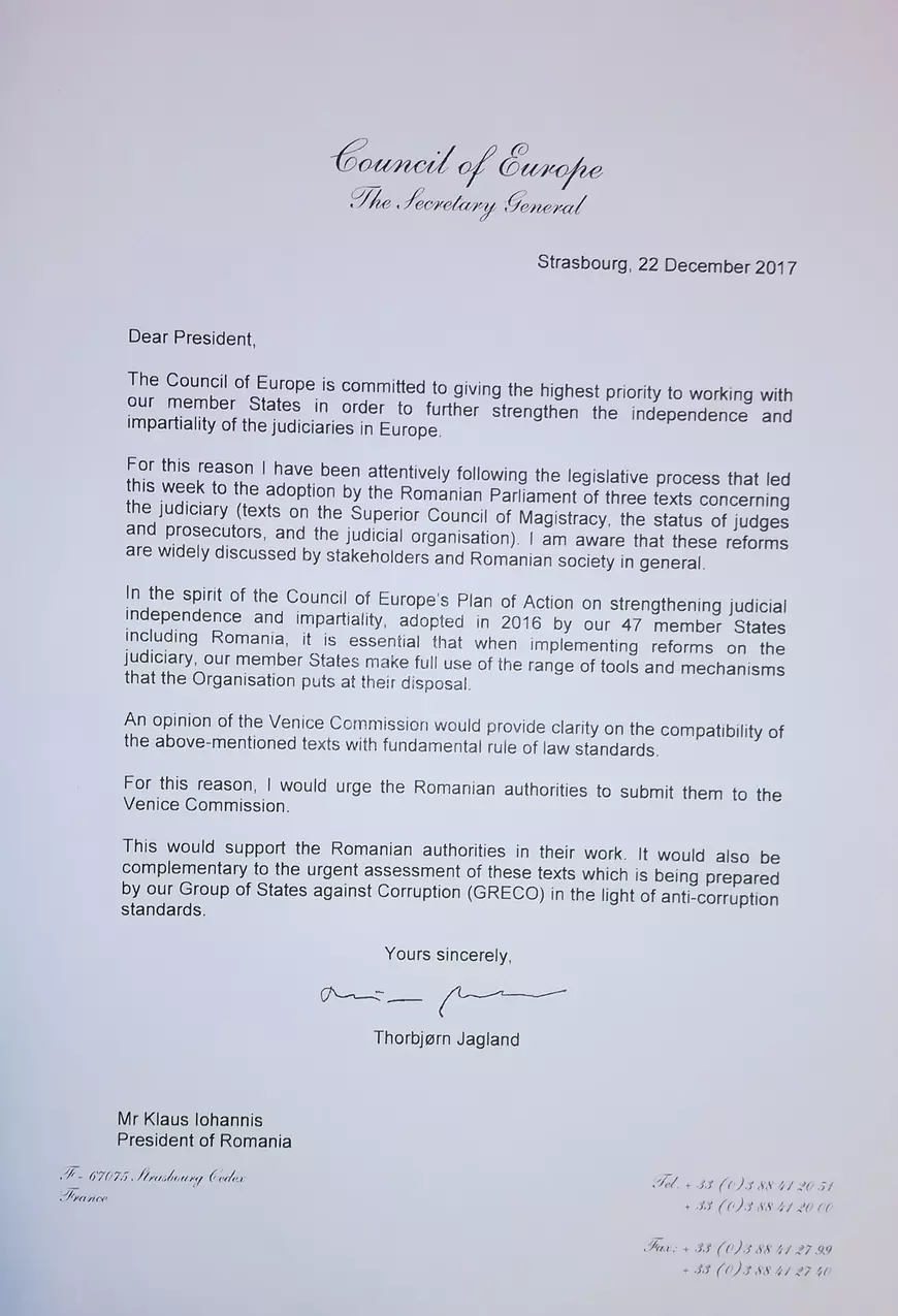 Consiliul Europei contestă legile justiției. Secretarul general îl îndeamnă pe Klaus Iohannis să facă apel la expertiza Comisiei de la Veneția