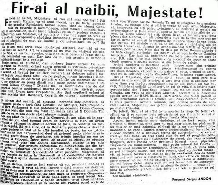 Articolul injurios la adresa Regelui Mihai, intitulat 